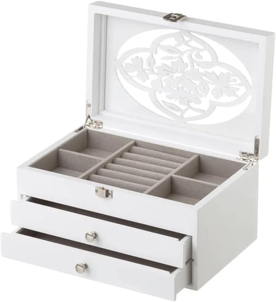 Portagioie Donna Colore Bianco, Scatola Custodia Porta Gioielli in Legno 2 Cassetti 1 Scomparto Con Coperchio Intagliato, Portagioielli Dimensione 14,50 X 23 X 12 Cm, Design Shabby Chic