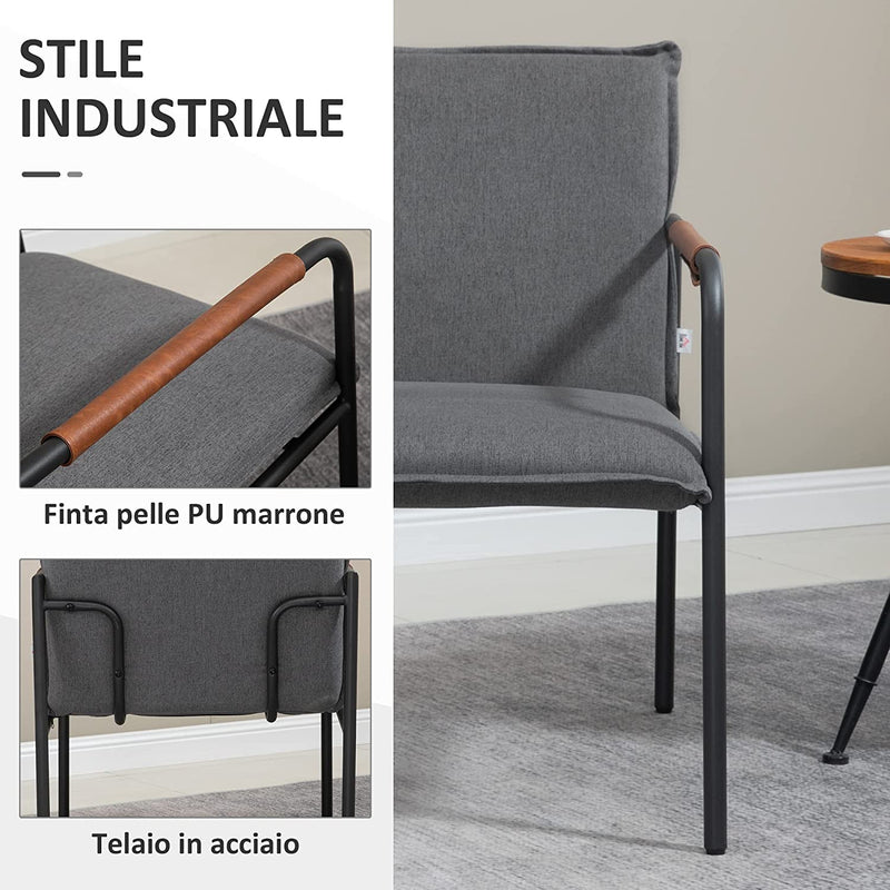 Sedia Moderna per Soggiorno E Camera Da Letto Con Seduta Imbottita, Braccioli in Pelle PU, Gambe in Legno E Tessuto Effetto Lino, 65.5X85X85 Cm, Grigia