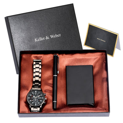 Men'S Quartz Watch Credit Card Case Gel Pen Set Fashion Gift Set Box