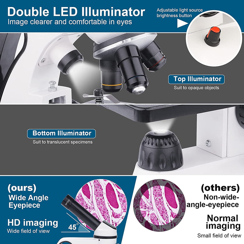 Microscopio Monoculare 40X-2000X per Studenti Adulti,Microscopio Professionale per Principianti Con Doppia Illuminazione a LED Con Kit,Lenti in Vetro Ottico,Custodia per Il Trasporto,15 Diapositive