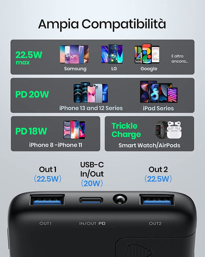 Power Bank, 10500Mah 22,5W PD3.0 QC4.0 Powerbank a Ricarica Rapida Display LED Caricatore Portatile Più Sottile Con Portacellulare & Torcia, per Iphone 12 Airpods Samsung S21 S20 Huawei ECC.