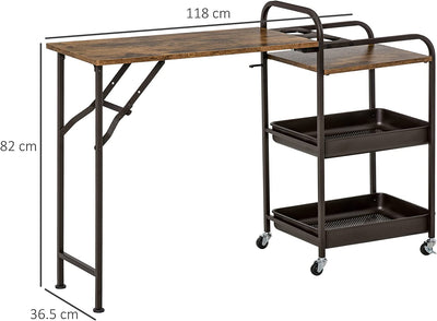 Carrello Da Cucina Stile Industriale 3 Mensole E Ripiano Pieghevole, Porta Tazze E 4 Ruote, 118X36.5X82Cm, Marrone