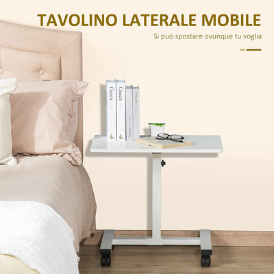 Tavolino Da Divano Laterale Porta PC Con Altezza Regolabile E Ruote, Supporto Computer per Casa E Ufficio, 60X40X52.5-84Cm Metallo E Legno, Bianco