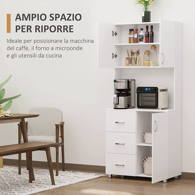 Credenza Moderna in Legno Bianco Con 2 Armadietti, Mensole Regolabili, 1 Ripiano Aperto E 3 Cassetti, 80X39.5X183.5Cm