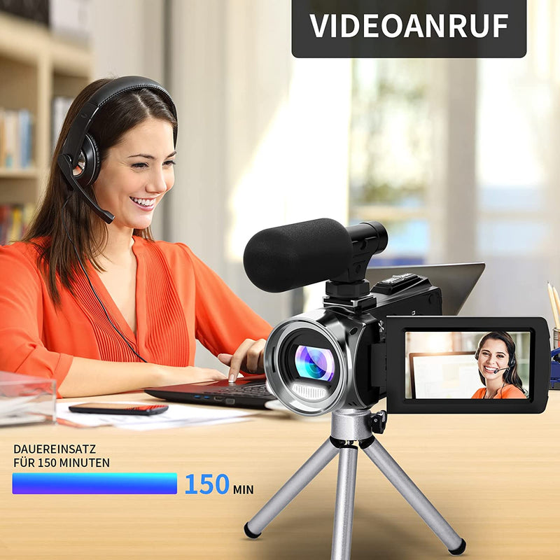 Videocamera, 4K, 36 MP, per Fotocamera Digitale Youtube 30 FPS, Schermo IPS Girevole a 270°, Con Zoom Digitale 18X, Treppiede, 32G SD & Batterie