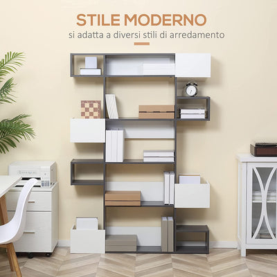 Libreria Moderna a 5 Livelli Con 8 Ripiani Aperti E Design Sfalsato, in Pannelli Di Truciolato, 120X20X171 Cm, Grigia E Bianca