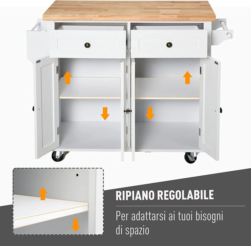 Carrello Da Cucina Portavivande Con Cassetti, Armadietti, Portaspezie E 4 Ruote, Legno, 111X44.5X82.5Cm, Bianco