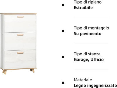 Mobile Scarpiera Salvaspazio in Truciolato Con 3 Cassetti E 2 Ripiani Interni Regolabili, 70X23.5X122 Cm, Bianco