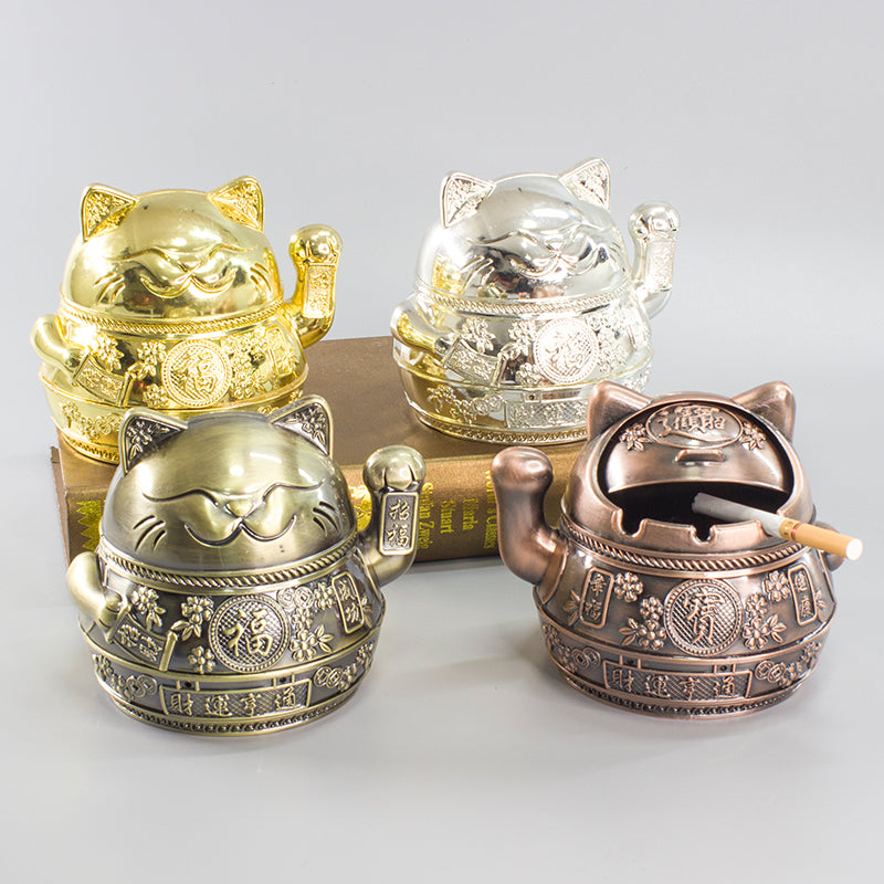 Lucky Cat Ashtray Creativity Personality Trendy Home Living Room with Cover Anti-Fly Ash Uxury High-End Simple Ashtray