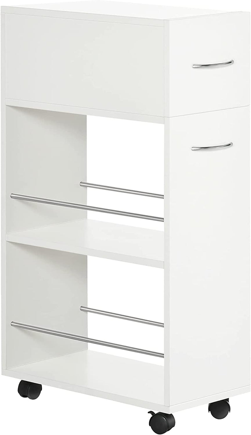 Carrello Da Cucina in Truciolato E Acciaio Inox Con 2 Ripiani Aperti, Cassetto Estraibile E Parapetti, 25X50X85 Cm, Bianco