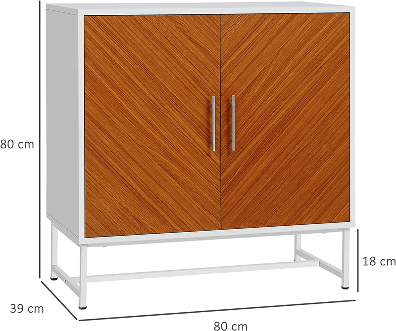 Mobiletto Basso in Truciolato E Metallo a 2 Ante Con Ripiano Regolabile a 2 Livelli, per Soggiorno, Ingresso E Cucina, 80X39X80 Cm, Bianco E Marrone