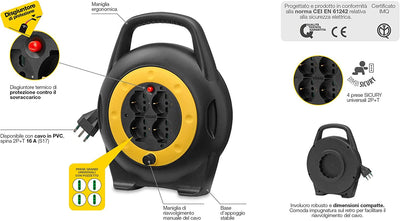 0P32714 Avvolgicavo 10 Metri, Con 4 Prese Universali a Standard Italiano Sicury, Nero Giallo