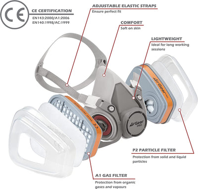 G-500 Maschera Antigas Antipolvere Riutilizzabile Con Filtri E Occhiali Protettivi per Verniciatura, Costruzione, Fai Da Te, Levigatura