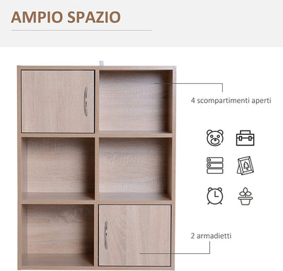 Libreria Scaffale in Legno, Mobiletto Multiuso Con 3 Ripiani 4 Scompartimenti E 2 Ante, 61.5X29.5X80Cm