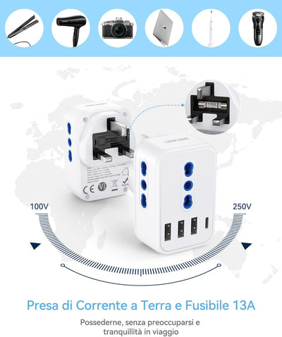 Adattatore Presa Inglese Da Viaggio, Adattatore Spina UK Con 3 Presa Schuko & 3 Porte USB & 1 Porta Tipo C, Adattatore Da Muro Inglese a Spina Italiana per Gran Bretagna, Irlanda, India -2500W