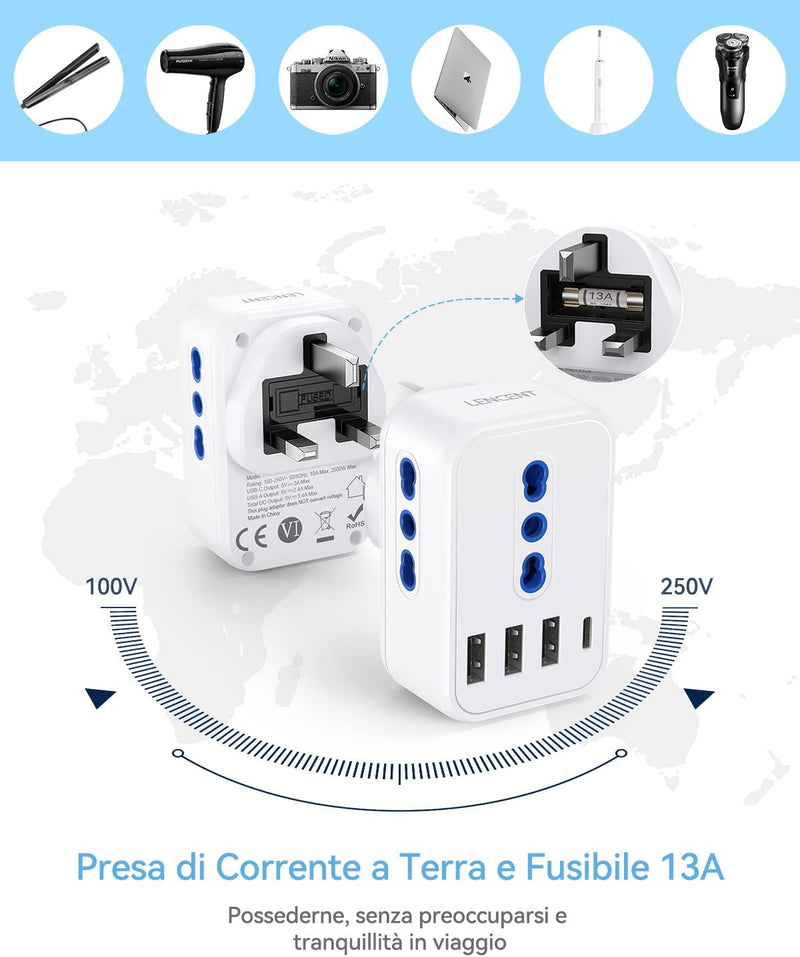 Adattatore Presa Inglese Da Viaggio, Adattatore Spina UK Con 3 Presa Schuko & 3 Porte USB & 1 Porta Tipo C, Adattatore Da Muro Inglese a Spina Italiana per Gran Bretagna, Irlanda, India -2500W