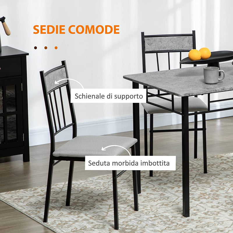 Set Tavolo E Sedie 5Pz, Tavolo Da Pranzo Rettangolare in Metallo E MDF E 4 Sedie Da Pranzo Con Seduta Imbottita in Gommapiuma E Poliestere