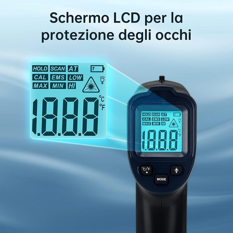 Termometro Infrarossi -50℃ Circa 600℃ Emissività Regolabile Con LCD Retroilluminato a Temperatura Laser Senza Contatto - per Cucinare/Barbecue/Frigorifero/Cottura Al Forno, No Marsupio