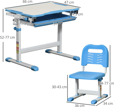 Banco Scuola Con Sedia Regolabili in Altezza per Bambini 6-12 Anni, Cassetto E Piano Inclinabile a 45°, Acciaio E MDF, Blu