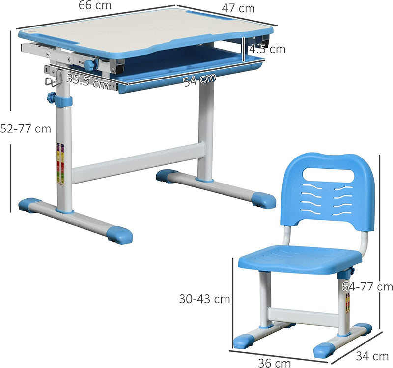 Banco Scuola Con Sedia Regolabili in Altezza per Bambini 6-12 Anni, Cassetto E Piano Inclinabile a 45°, Acciaio E MDF, Blu