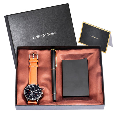 Men'S Quartz Watch Credit Card Case Gel Pen Set Fashion Gift Set Box