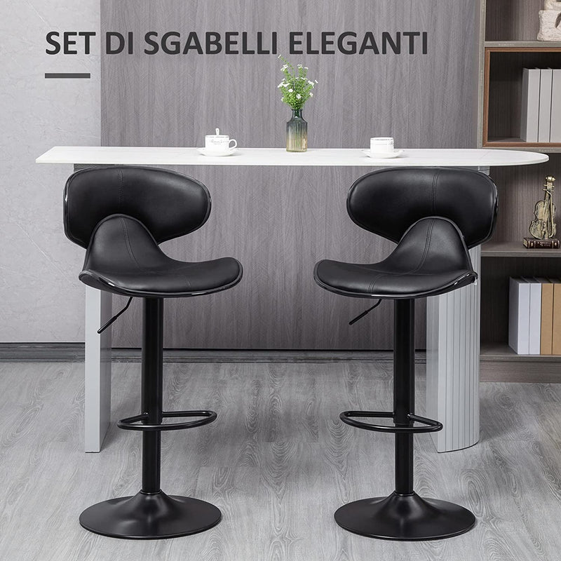 Sgabello Da Bar Girevole, Set 2 Pezzi Ad Altezza Regolabile Con Poggiapiedi, in PU, Acciaio E Gommapiuma, 45.5X46X89.5-109.5Cm, Nero