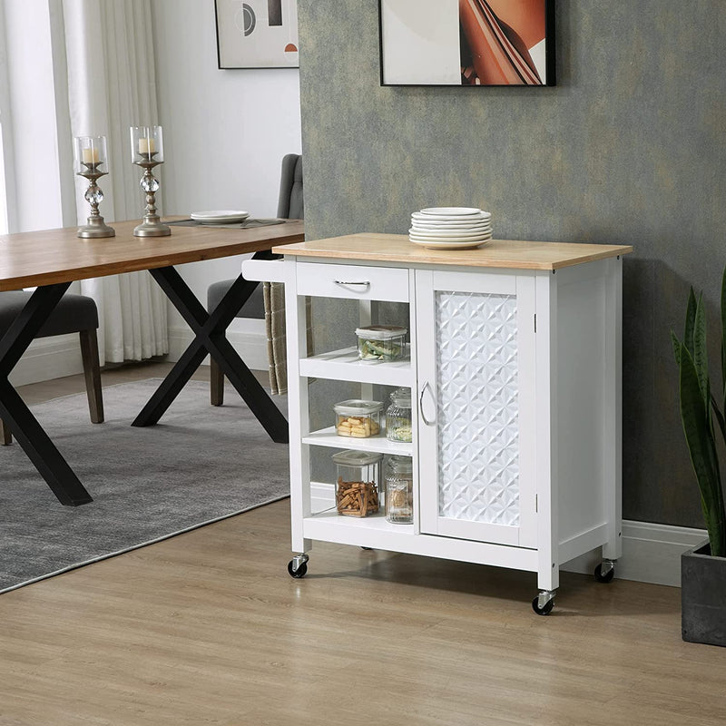 Carrello Da Cucina a 4 Ruote Con 1 Cassetto, 1 Armadietto, 1 Ripiano Aperto a 3 Livelli E 1 Portasciugamani, in MDF E Acciaio, 92X40X84 Cm, Bianco