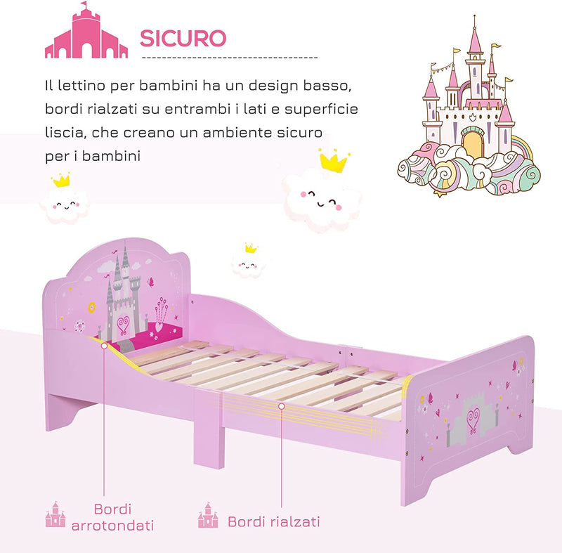 Letto per Bambini Con Bordi Rialzati in Legno per Cameretta, Lettino per Bimbi Da 3-6 Anni, 143X73X60Cm, Rosa