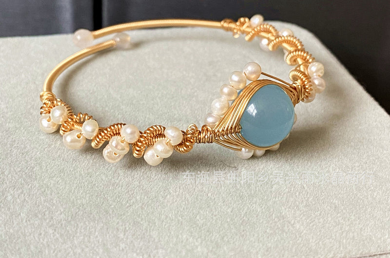 14K Goldwrapped Handmade Bracelet Hailan Baohai Sapphire Natural White Pearl Bracelet