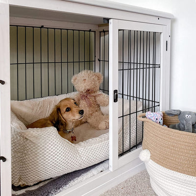 Casetta per Cani Da Interno, Gabbietta per Animali in Legno E Metallo Con Doppia Porta, 58.5X81X 66Cm, Bianco