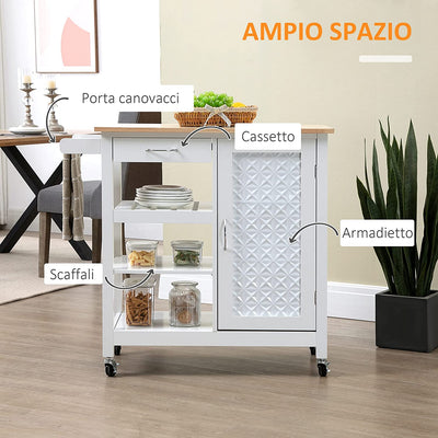 Carrello Da Cucina a 4 Ruote Con 1 Cassetto, 1 Armadietto, 1 Ripiano Aperto a 3 Livelli E 1 Portasciugamani, in MDF E Acciaio, 92X40X84 Cm, Bianco