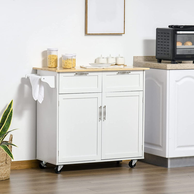 Carrello Da Cucina Multiuso in Legno, Mobile Da Cucina Salvaspazio Con 2 Cassetti, Armadietto E 4 Ruote, 104X46X91Cm, Bianco