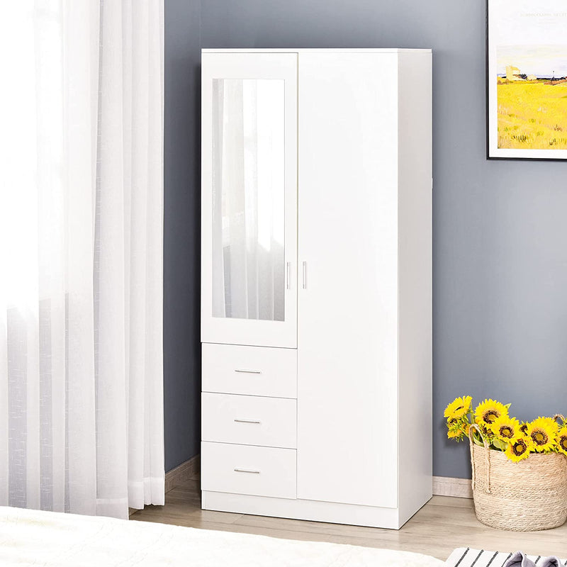 Armadio Moderno Guardaroba 2 Ante Con Specchio E 3 Cassetti, Mensole Regolabili E Barra Appendiabiti, 80X50X180Cm, Bianco