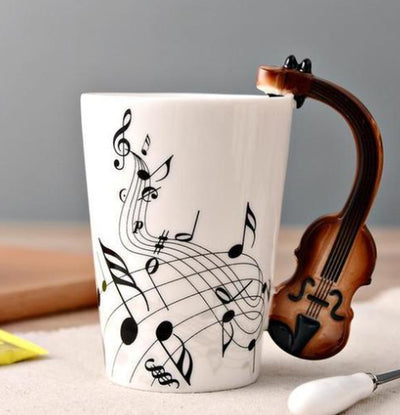 Coffee Cup with Music Notes in the Form of Saxophone Handle Ceramic Porcelain Cup of Tea Milk Method