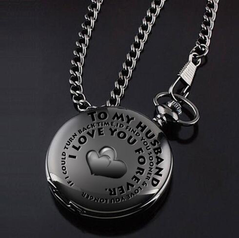 Retro Black Fashion Silver Smooth Steampunk Quartz Pocket Watch Stainless Steel Chain Necklace 30 Cm for Men for Women with Gift Box