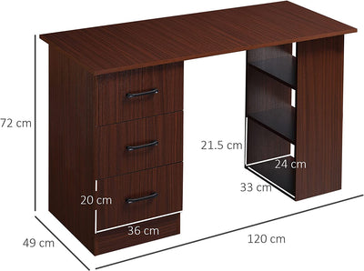 Scrivania Ufficio Con 3 Cassetti E 3 Ripiani Reversibili, Scrivania per Camera Da 120Cm in Legno, Colore Noce