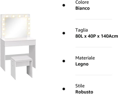 Set Tavolo Da Trucco Toeletta Con Specchio, 12 Luci LED, Sgabello Imbottito E Ampio Cassetto in Legno, 80X40X140 Cm, Bianco