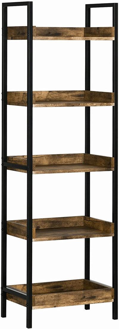 Libreria Stile Industriale a 5 Ripiani, Mobile Libreria in Legno E Metallo per Casa E Ufficio, 48X30X155Cm, Marrone Rustico