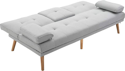 Divano Letto 3 Posti Design Scandinavo Reclinabile 2 Braccioli Staccabili Con Tappetino Antiscivolo Rivestito in Lino Gambe in Legno Pioppo Tavolino a Ribalta Grigio