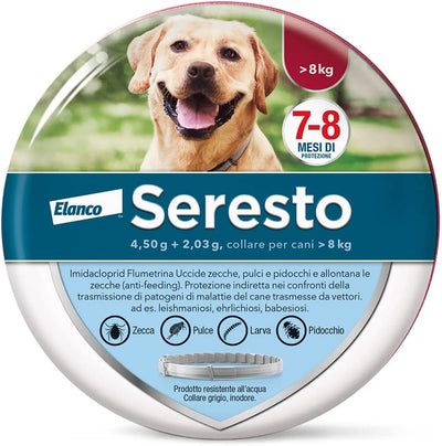 Seresto Collare Antiparassitario per Cani Oltre 8 Kg. Elimina Pulci, Zecche, Pidocchi E Protegge Dal Rischio Di Trasmissione Della Leishmaniosi Fino a 8 Mesi.