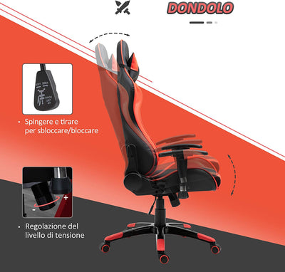 Sedia Gaming Professionale Girevole，Sedia Da Ufficio Reclinabile Con Sostegno Lombare E Collo PVC 67 X 67 X 123-132Cm Nero-Rosso