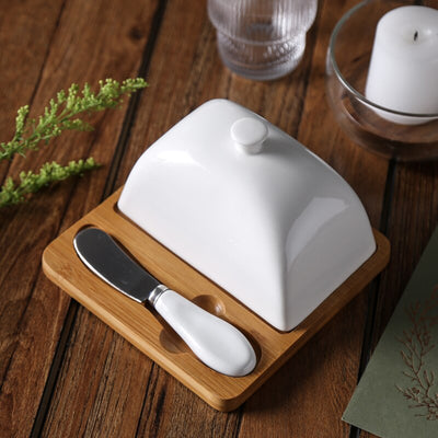 Simple Rectangle Ceramic Butter Dish with Lid Set