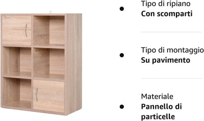 Libreria Scaffale in Legno, Mobiletto Multiuso Con 3 Ripiani 4 Scompartimenti E 2 Ante, 61.5X29.5X80Cm