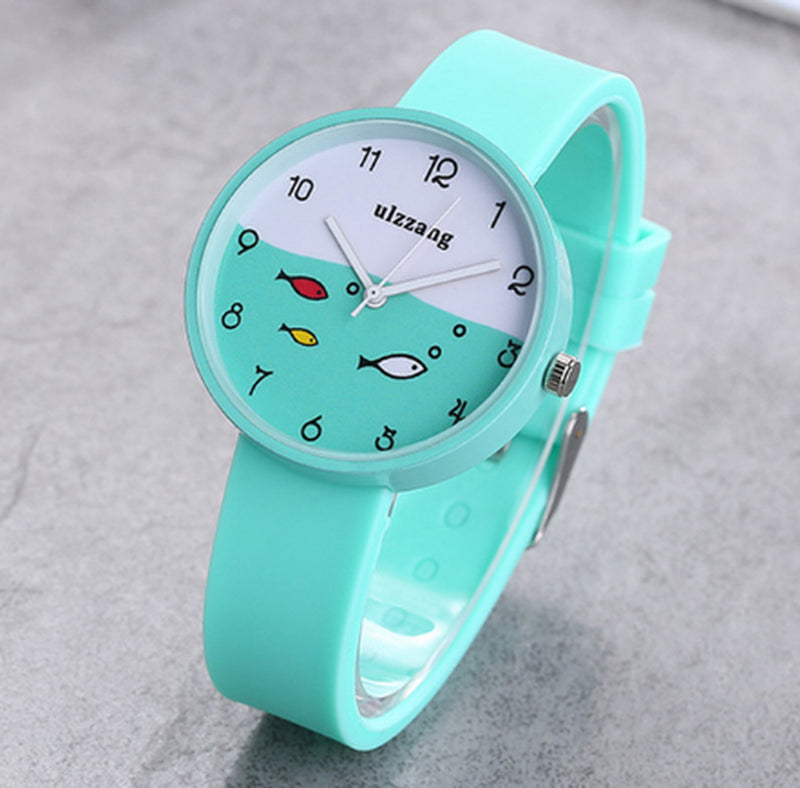 Children Watch for Girls Color Silicone Strap Fashion Quartz Wristwatch Fish Dial Cartoon Kids Clock