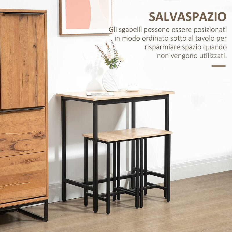 Set 3 Pezzi Con Tavolo E 2 Sgabelli Da Cucina Stile Industriale, Arredamento Moderno per Soggiorno E Salotto, Legno Naturale E Nero