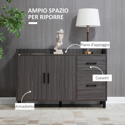 Mobile Multiuso in Legno Con Armadietto 2 Ante E Cassetti, Piccola Credenza per Soggiorno E Ingresso, 120X40X80Cm, Grigio