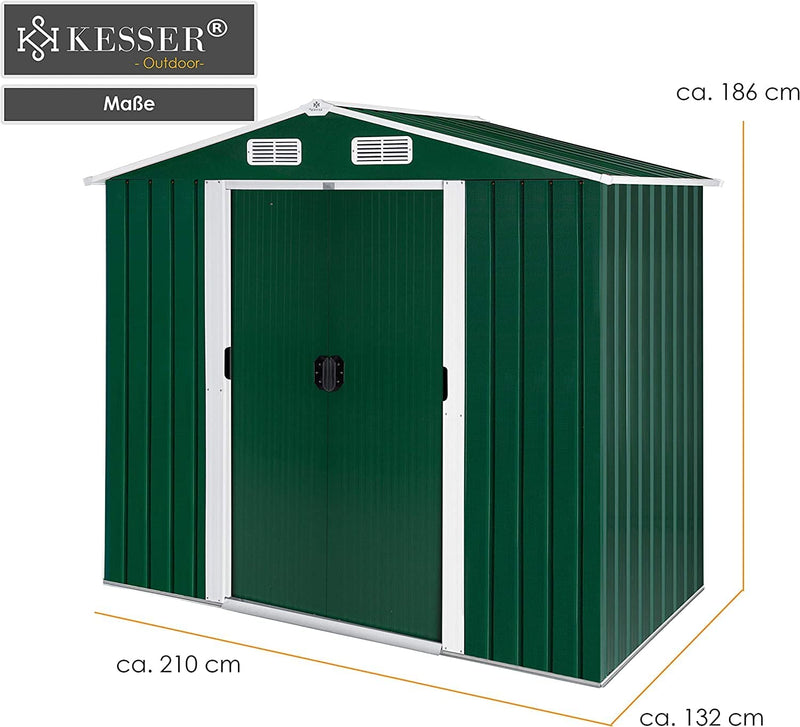 ® - Casetta XL in Metallo 4,2 M³| 210 X 132 X 186 Cm | 2 Porte Scorrevoli E Fondazione | Capanno per Attrezzi | Armadio Da Giardino | Tetto a Due Falde Verde