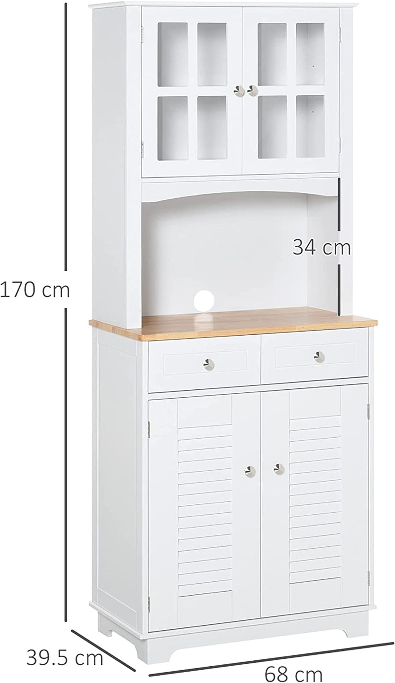 Credenza Alta per Cucina, Mobile Buffet in Legno Bianco, Armadio Dispensa in Stile Classico, Bianco, 68X39.5X170Cm