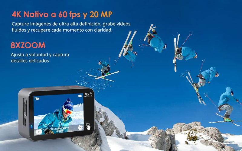 Action Cam Nativo 4K 60Fps 20MP Touch Screen Wi-Fi Videocamera Con Zoom 8X Nuova EIS Anti-Shake, Custodia Fotocamera Subacquea Impermeabile 40M, Regolabile Microfono Esterno, 2X1350Mah Batterie