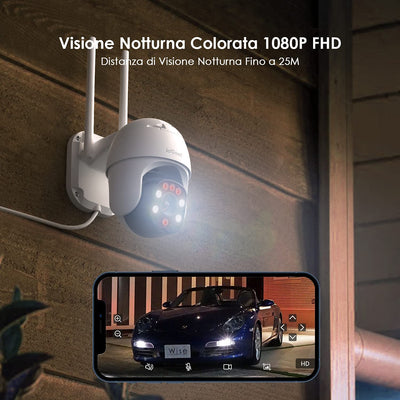 Telecamera Wi-Fi Esterno 360° PTZ Wifi Videocamera Sorveglianza Con 1080P Visione Notturna a Colori, Tracciamento Automatico, IP66 Impermeabile, Rilevamento Del Movimento, Audio Bidirezionale…